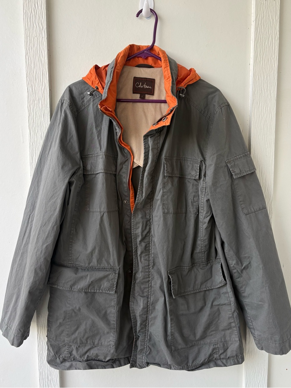 Cole Haan Men’s Hooded Utility Field Jacket Gray Orange Cotton Cargo
